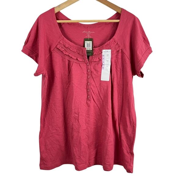 Eddie Bauer Short Sleeve Top Shirt Half Button Ruffle Trim Women Size XXL NEW - Picture 1 of 9